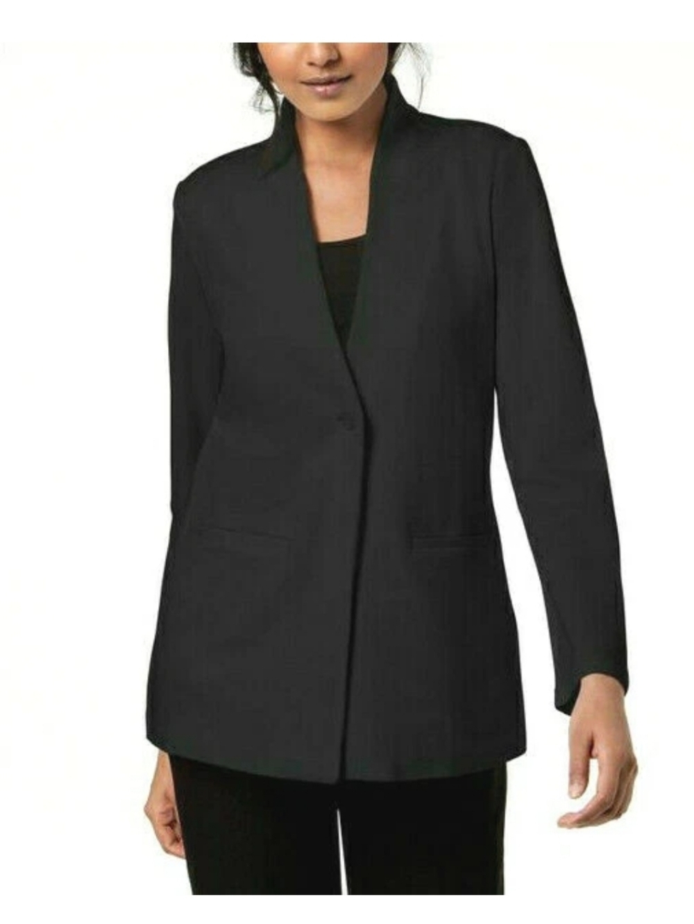 EILEEN FISHER Black Long Tailored Stand Collar Stretch Jacket Blazer NEW! Sz 2 P